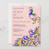 ピンクエレガントパープルフェイクグリッターピーコッ結婚クス 招待状 (正面)