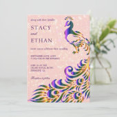 ピンクエレガントパープルフェイクグリッターピーコッ結婚クス 招待状 (スタンド正面)