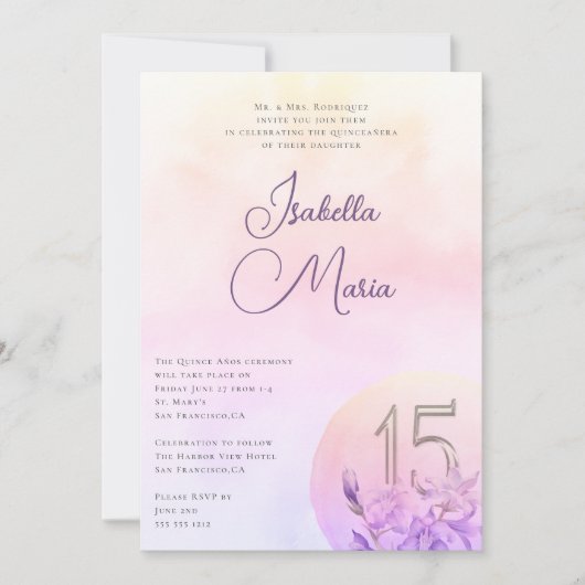 ピンクエレガントパープルフローラキンセアニェラパーティー 招待状 (正面)