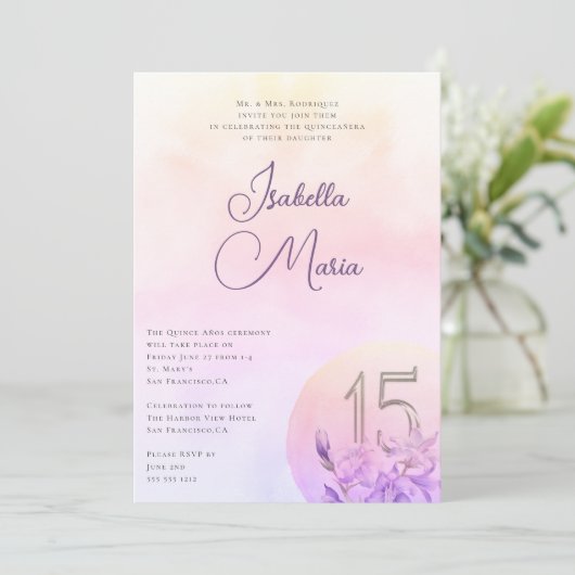 ピンクエレガントパープルフローラキンセアニェラパーティー 招待状 (スタンド正面)