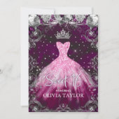 ピンクエレガントパープルフローラグリッターガウン甘い16 招待状 (正面)