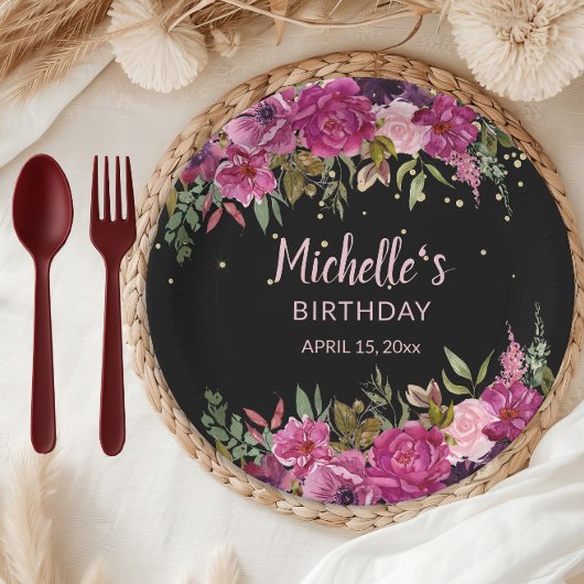 ピンクエレガントパープルフローラグリッターブラック誕生日 ペーパープレート