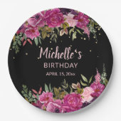ピンクエレガントパープルフローラグリッターブラック誕生日 ペーパープレート (正面)