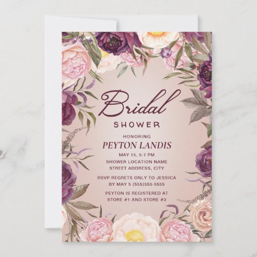 ピンクエレガントパープルフローラブライダルシャワー 招待状 (正面)