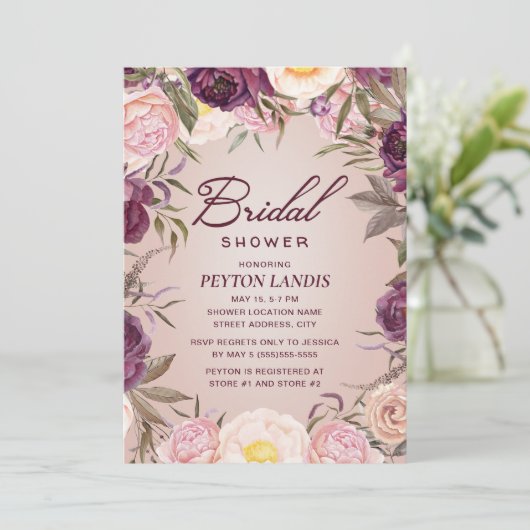 ピンクエレガントパープルフローラブライダルシャワー 招待状 (スタンド正面)