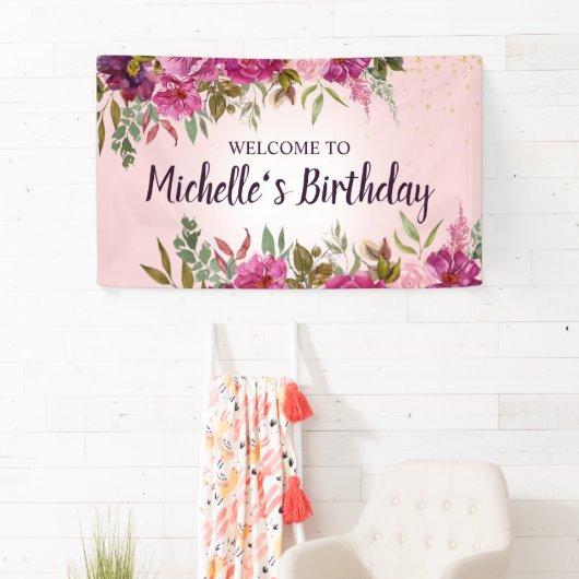 ピンクエレガントパープルフローラ女子誕生日 横断幕 (インサイチュ)