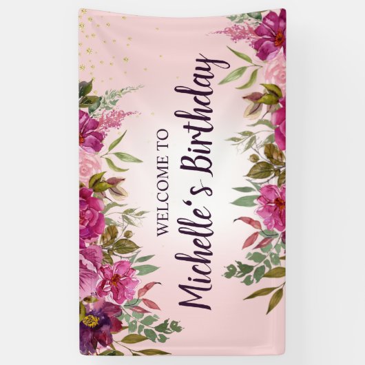 ピンクエレガントパープルフローラ女子誕生日 横断幕 (縦)