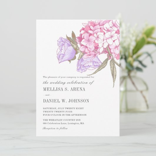 ピンクエレガントパープルフローラ結婚ズ 招待状 (スタンド正面)