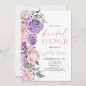 ピンクエレガントパープルフローラ花ブライダルシャワー 招待状 (正面)