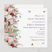 ピンクエレガントパープルフローラ蝶ベビーシャワー 招待状 (正面/裏面)