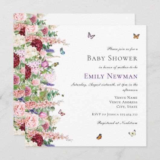 ピンクエレガントパープルフローラ蝶ベビーシャワー 招待状 (正面/裏面)