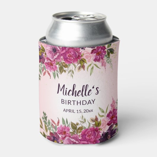 ピンクエレガントパープルフローラ誕生日 缶クーラー (缶正面)
