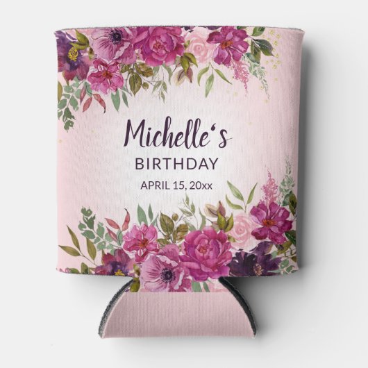 ピンクエレガントパープルフローラ誕生日 缶クーラー (正面)