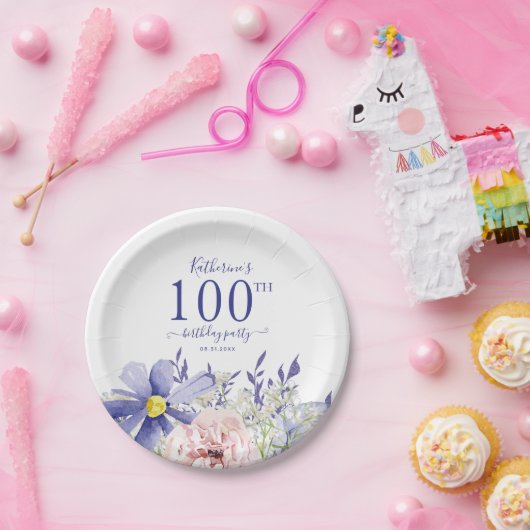 ピンクエレガントパープルフローラ100th誕生日パーティー ペーパープレート (パーティー)