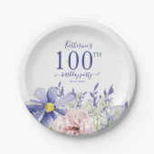 ピンクエレガントパープルフローラ100th誕生日パーティー ペーパープレート (正面)