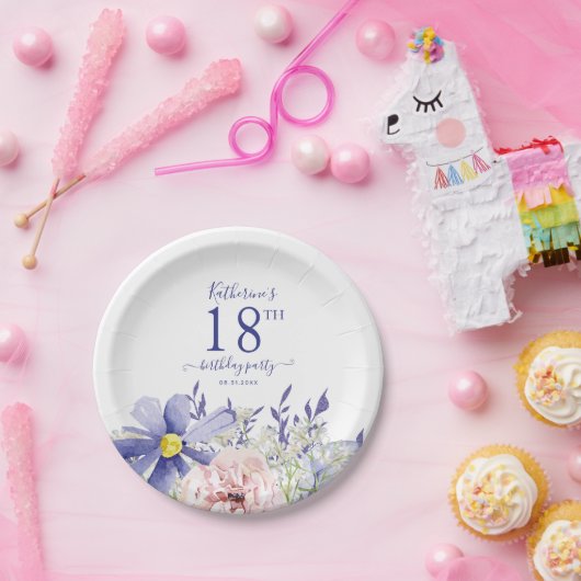 ピンクエレガントパープルフローラ18th誕生日パーティー ペーパープレート (パーティー)