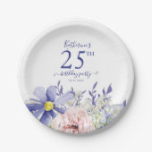 ピンクエレガントパープルフローラ25th誕生日パーティー ペーパープレート (正面)