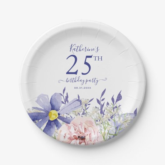 ピンクエレガントパープルフローラ25th誕生日パーティー ペーパープレート (正面)