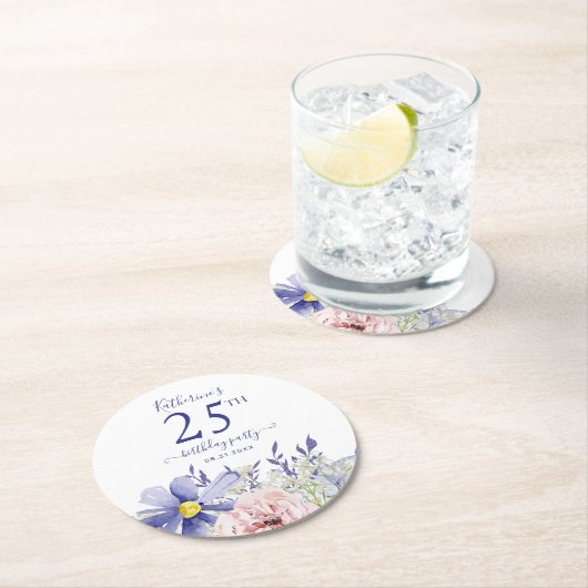ピンクエレガントパープルフローラ25th誕生日パーティー ラウンドペーパーコースター (インサイチュ)