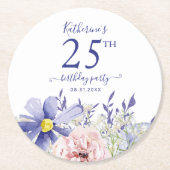 ピンクエレガントパープルフローラ25th誕生日パーティー ラウンドペーパーコースター (正面)