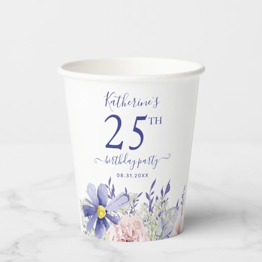 ピンクエレガントパープルフローラ25th誕生日パーティー 紙コップ (裏面)