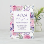 ピンクエレガントパープルフローラ40歳の誕生日 招待状 (スタンド正面)