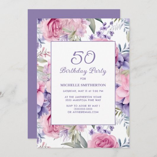 ピンクエレガントパープルフローラ50誕生日 招待状 (正面/裏面)