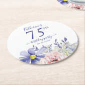 ピンクエレガントパープルフローラ75th誕生日パーティー ラウンドペーパーコースター (アングル)