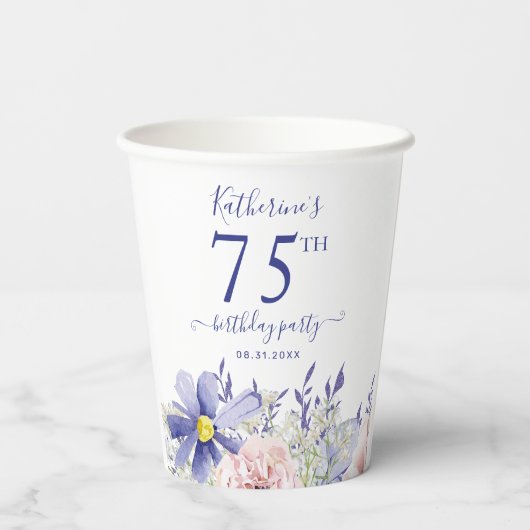 ピンクエレガントパープルフローラ75th誕生日パーティー 紙コップ (裏面)
