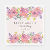 ピンクエレガントパープルフローラ80th誕生日パーティー スタンダードランチョンナプキン (正面)