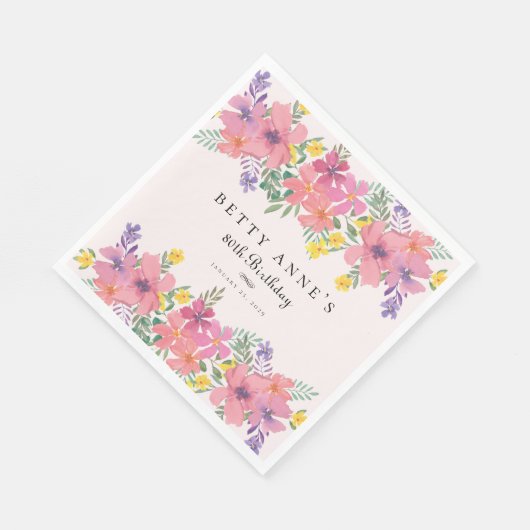 ピンクエレガントパープルフローラ80th誕生日パーティー スタンダードランチョンナプキン (角)
