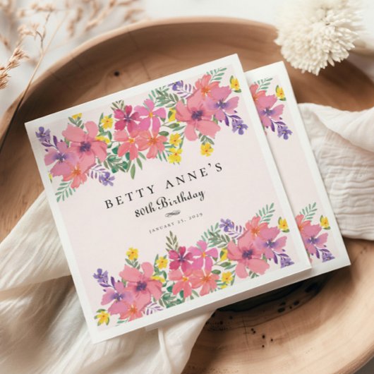 ピンクエレガントパープルフローラ80th誕生日パーティー スタンダードランチョンナプキン