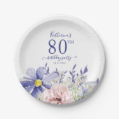ピンクエレガントパープルフローラ80th誕生日パーティー ペーパープレート (正面)