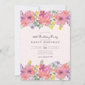 ピンクエレガントパープルフローラ80th誕生日パーティー 招待状 (正面)