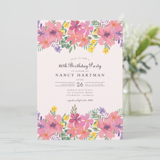 ピンクエレガントパープルフローラ80th誕生日パーティー 招待状 (スタンド正面)