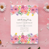 ピンクエレガントパープルフローラ80th誕生日パーティー 招待状