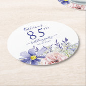 ピンクエレガントパープルフローラ85th誕生日パーティー ラウンドペーパーコースター (アングル)