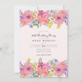 ピンクエレガントパープルフローラ90th誕生日パーティー 招待状 (正面)