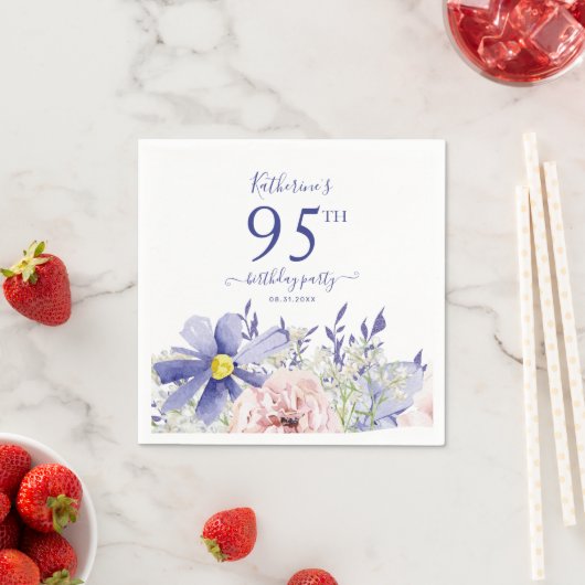 ピンクエレガントパープルフローラ95th誕生日パーティー スタンダードカクテルナプキン (インサイチュ)