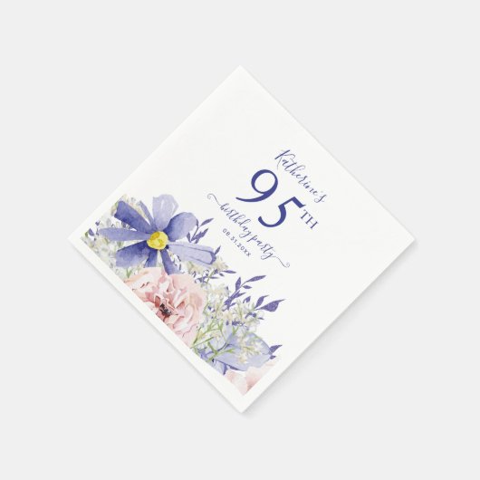 ピンクエレガントパープルフローラ95th誕生日パーティー スタンダードカクテルナプキン (角)