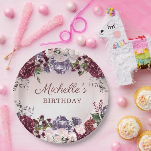 ピンクエレガントパープルブルゴーニュ誕生日 ペーパープレート (パーティー)