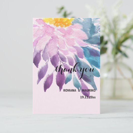 ピンクエレガントパープルブルーダリアウォーターカラーアート サンキューカード (スタンド正面)