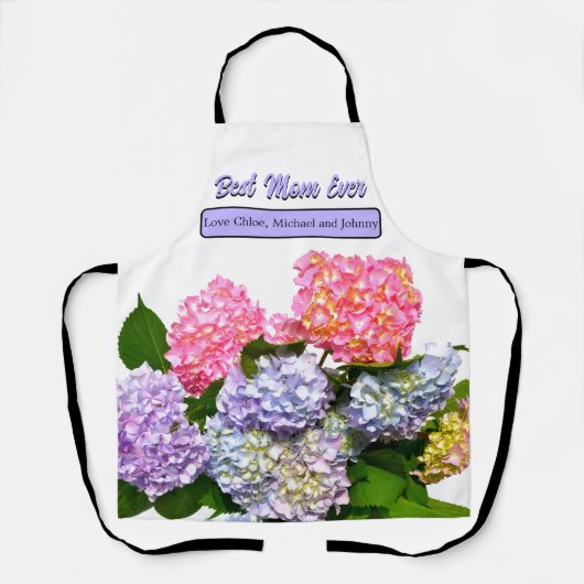 ピンクエレガントパープルブルー花模様アジサイ母 エプロン (正面)