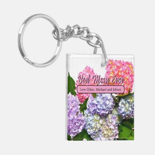 ピンクエレガントパープルブルー花模様アジサイ母 キーホルダー (正面左)