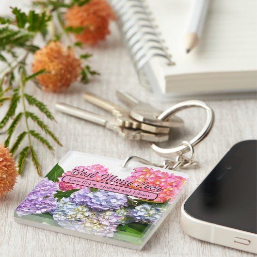 ピンクエレガントパープルブルー花模様アジサイ母 キーホルダー (正面右)