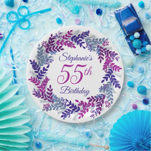 ピンクエレガントパープルリース55誕生日 ペーパープレート (パーティー)