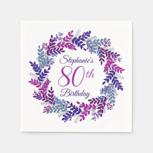 ピンクエレガントパープルリース80誕生日 スタンダードカクテルナプキン (正面)