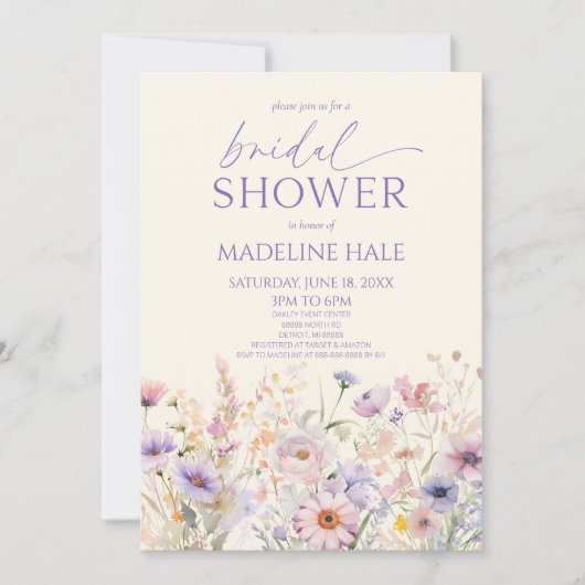 ピンクエレガントパープルワイルドフラワーブライダルシャワー 招待状 (正面)