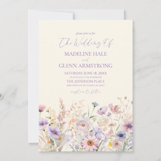 ピンクエレガントパープルワイルドフラワー結婚ズ 招待状 (正面)