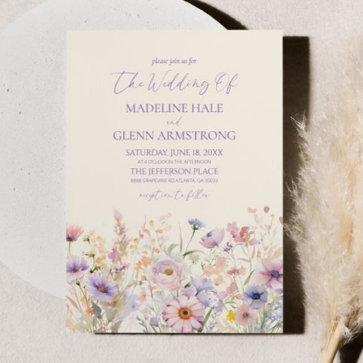 ピンクエレガントパープルワイルドフラワー結婚ズ 招待状